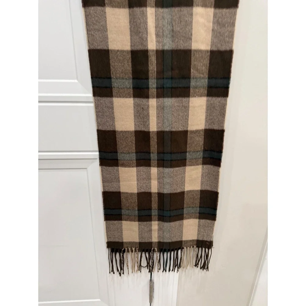 Brown Plaid Cashmere Blend Scarf Tan Grey Checkered Winter Fringe Wrap Accessory